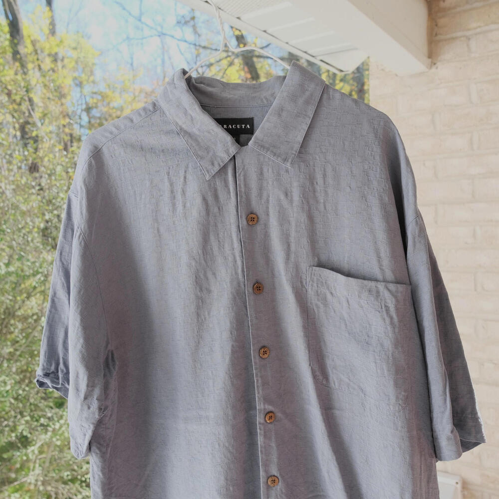 Baracuta Gray Silk Short Sleeve Pocket Casual Button-Up Mens Shirt Large Vintage